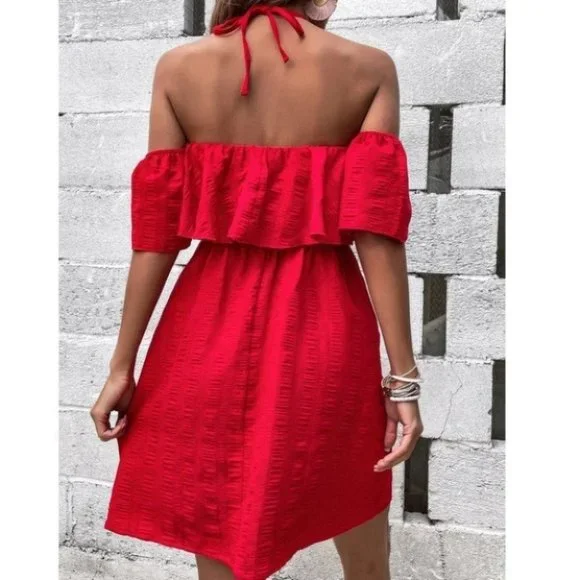 Tie Back Off Shoulder Ruffle Trim Dress - Picture 4 of 9